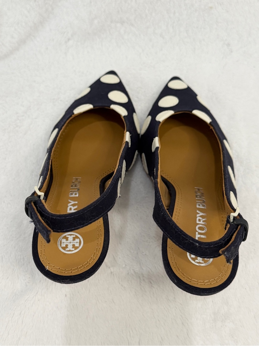 Tory Burch Polka Dot Slingback Heels Size 6M Navy White Pointed Toe Kitten Heel - Picture 8 of 16